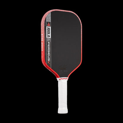 Pickleball paddle with red and black design on a white background
