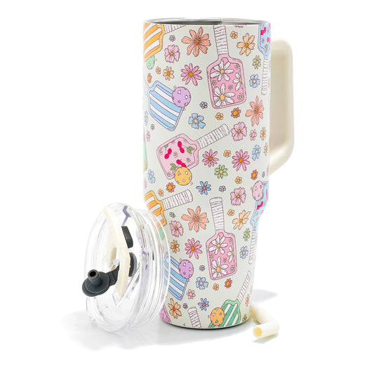 Pickleball Rackets & Flowers Printed 40oz Double Wall Stainless Steel Vacuum Tumbler With Handle