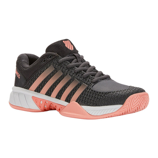 K-Swiss Express Light Pickleball Shoe featuring a coral and black color scheme with a lace-up closure and a rubber outsole.