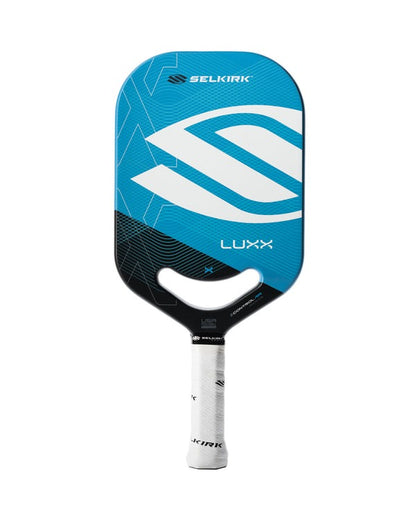 Blue and black Selkirk Luxx pickleball paddle on a white background