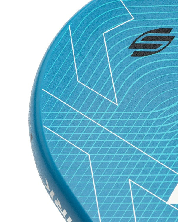 Close-up of a paddle with geometric patterns and a logo on a white background