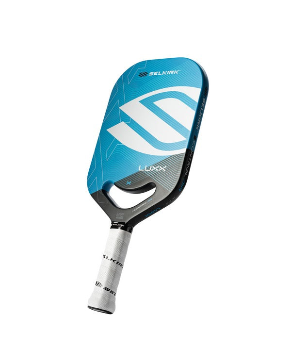 Blue and gray pickleball paddle with Selkirk branding on a white background