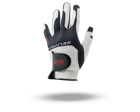 Black and white glove with Selkirk branding on a white background