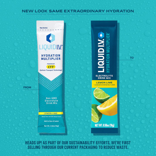 Two stick packs of Liquid IV Hydration Multiplier in Lemon Lime flavor, with graphical representations of hydration and electrolyte content.