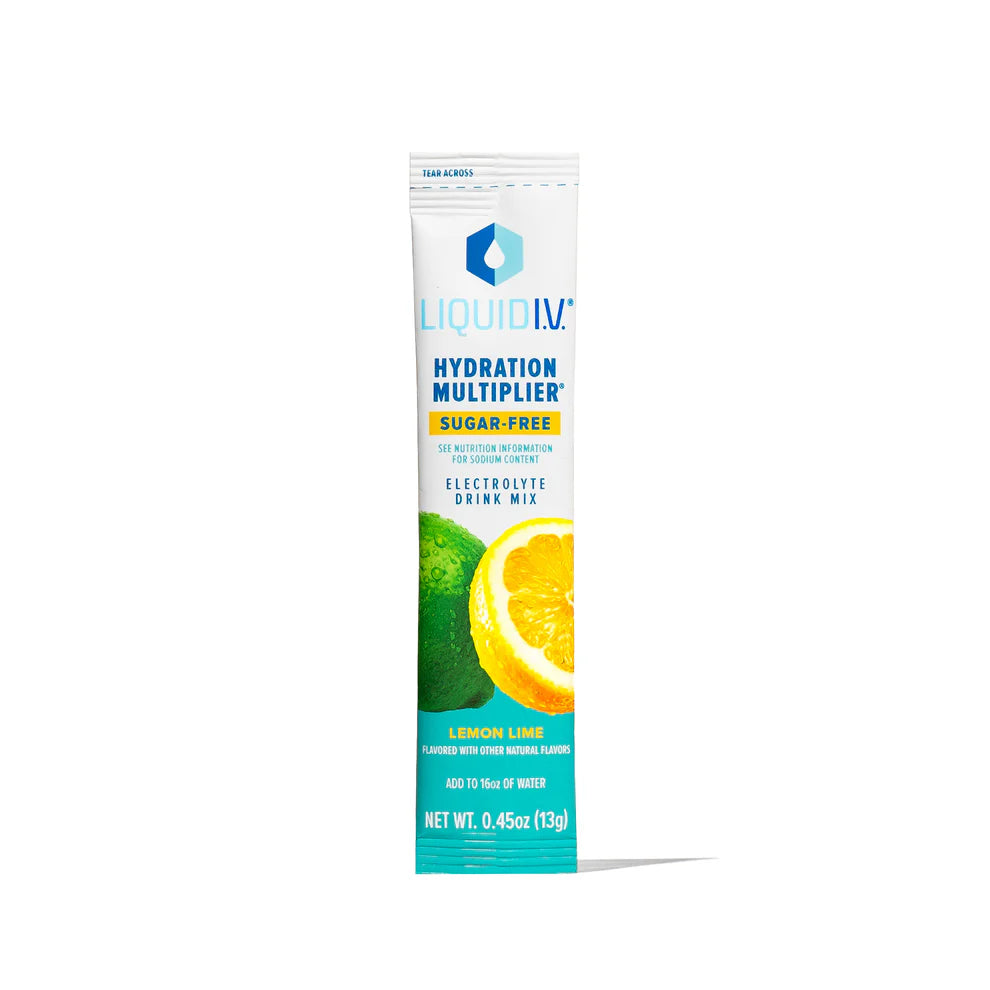 A package of Liquid IV Hydration Multiplier in Lemon Lime flavor, sugar-free, with a net weight of 454g (1 lb) 454g (1 lb) 454g (1 lb).