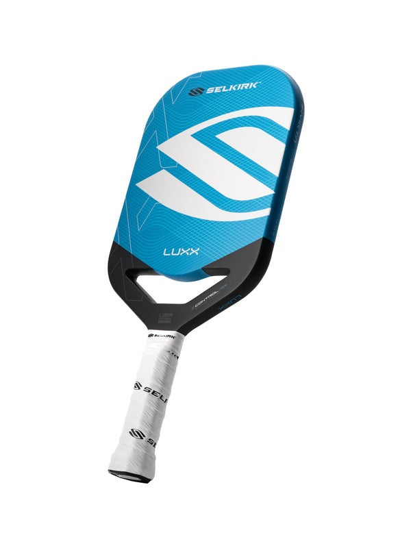 Blue and black Selkirk pickleball paddle on a white background
