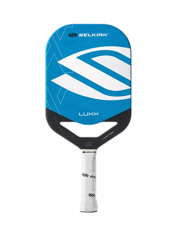 Blue and black Selkirk Luxx pickleball paddle on a white background
