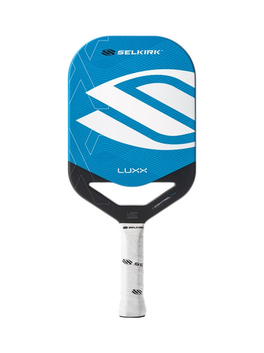 Blue and black Selkirk Luxx pickleball paddle on a white background