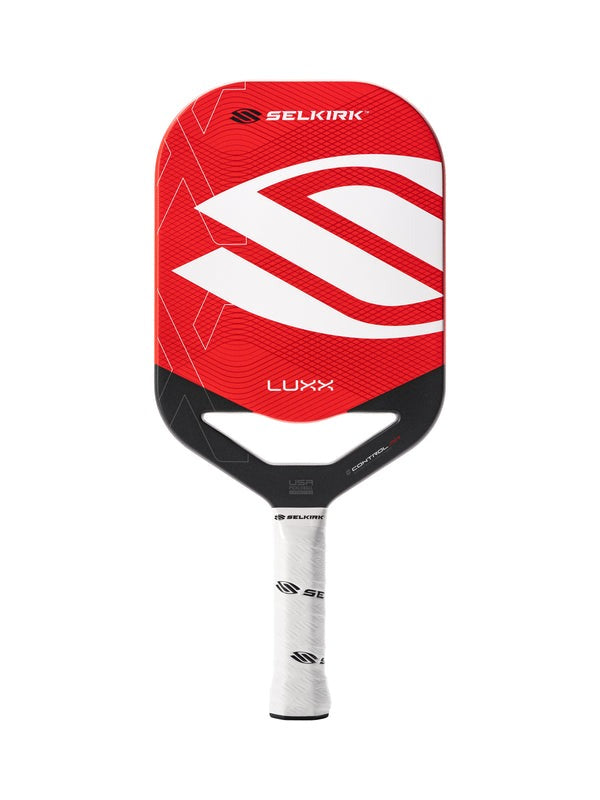 Red and black Selkirk Luxx pickleball paddle on a white background