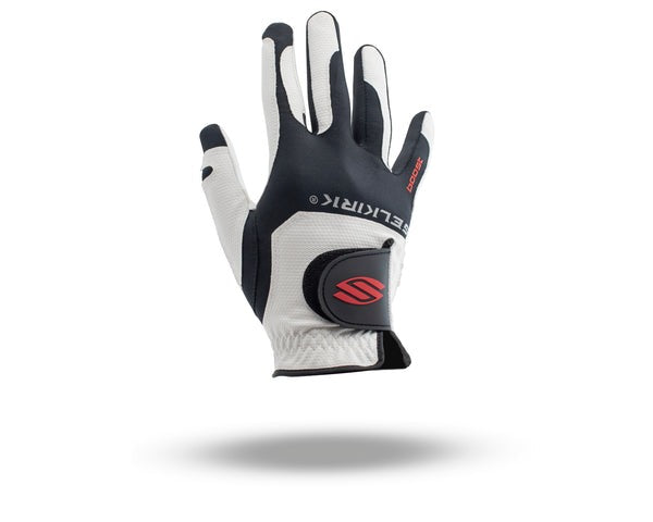 Black and white glove with a red logo on a white background
