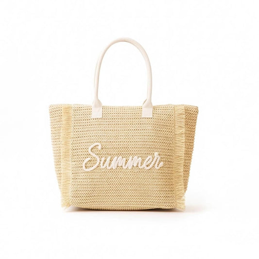 Woven Straw & Gold Lurex "Summer" Bag With Fringe Detail