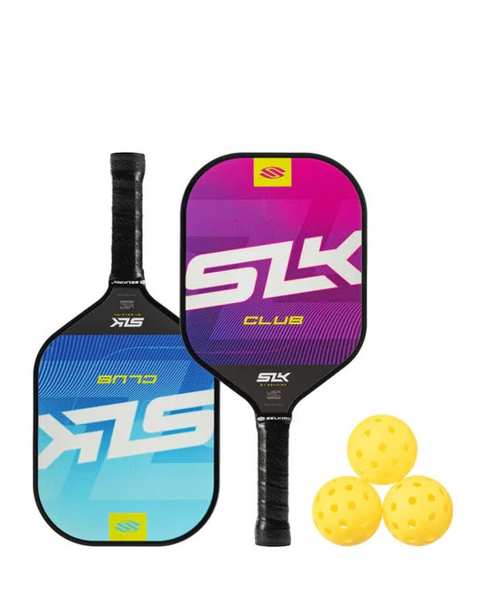 Two pickleball paddles with colorful designs and three yellow balls on a white background