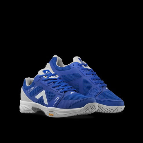 Blue athletic shoes with white accents on a black background