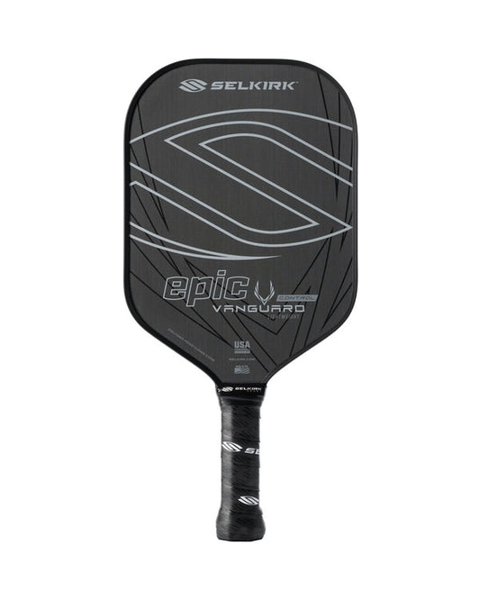 Black Selkirk pickleball paddle with 'epic v' and 'Vanguard' text on a white background