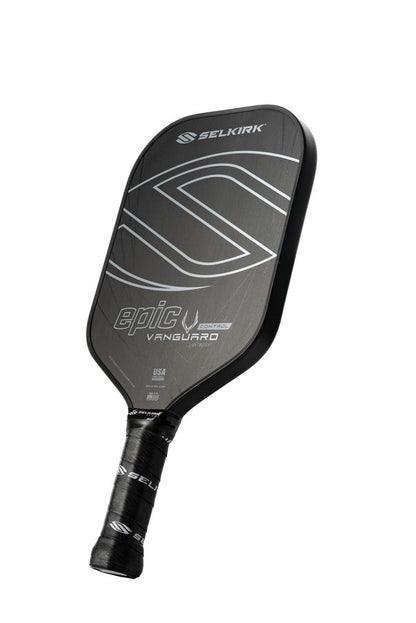Black and gray pickleball paddle with Selkirk branding on a white background