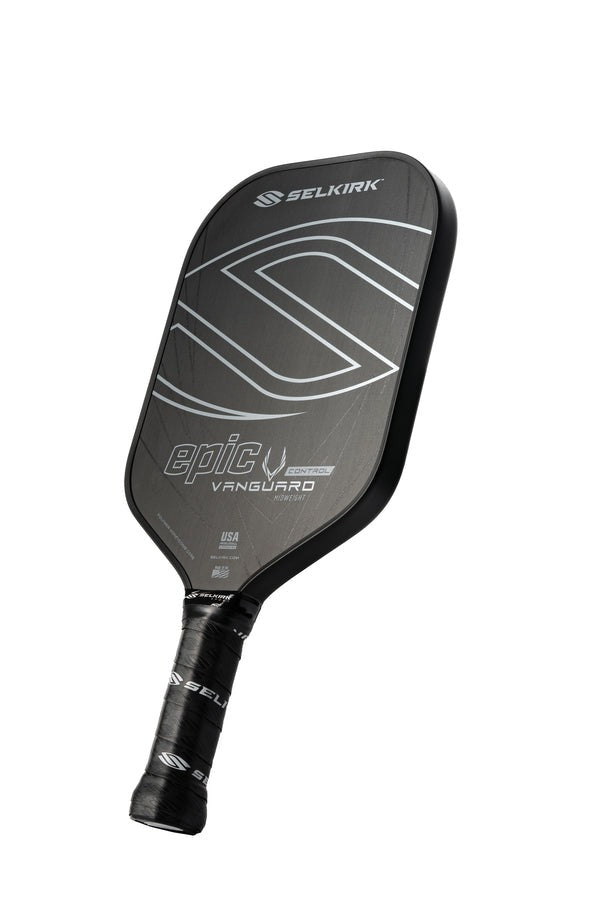Black and gray pickleball paddle with Selkirk branding on a white background