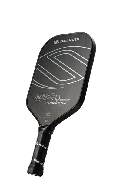 Black and gray pickleball paddle with Selkirk branding on a white background