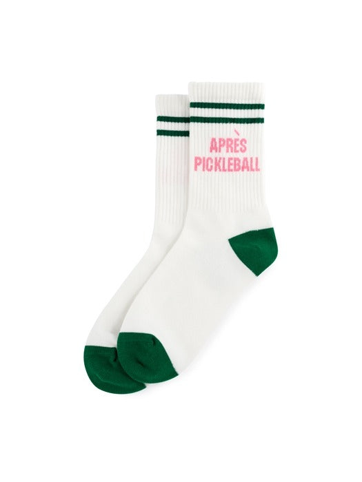 White socks with green accents and pink text on a white background