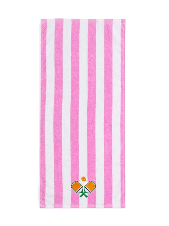 Pink and white striped towel with a logo on a white background