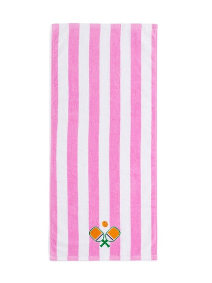 Pink and white striped towel with a logo on a white background