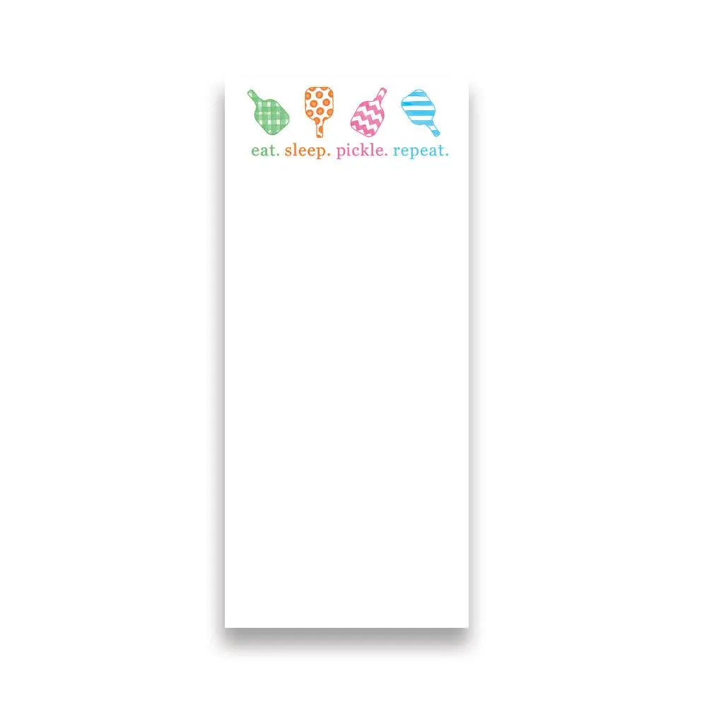 Eat, Sleep, Pickle, Repeat pickleball notepad with paddle design. Perfect for notes, scores, and gifts for pickleball players and fans.