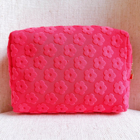 Embossed Daisy Blossom Cosmetic Case – Pink Floral Makeup Bag for Travel, Toiletries & Beauty Essentials