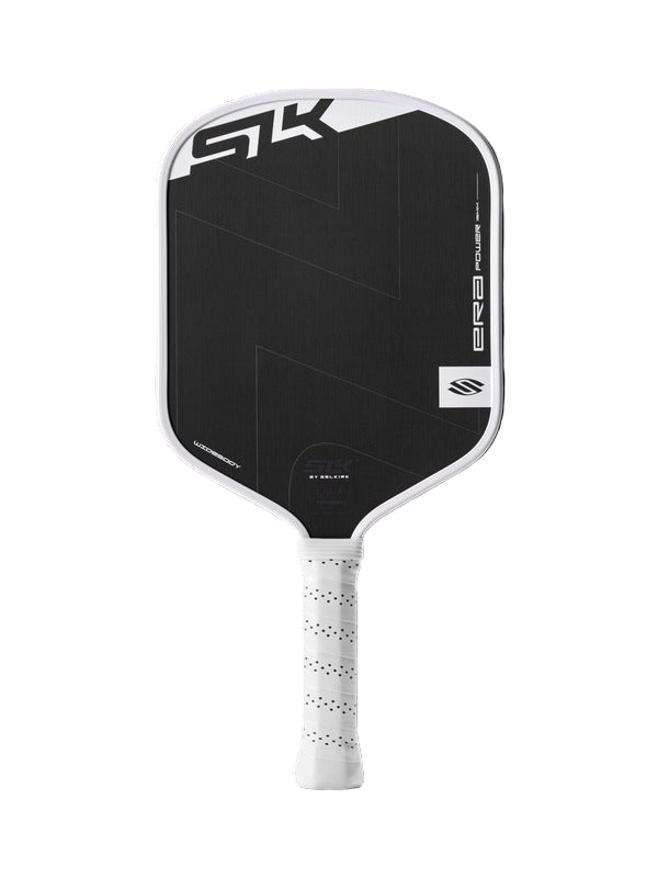 Black pickleball paddle with white text on a white background