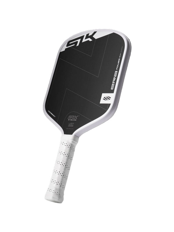Pickleball paddle with black face and white handle on a white background