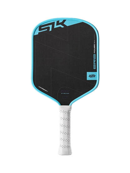 Pickleball paddle with black face and blue border on a white background