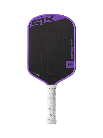 Purple and black pickleball paddle with white handle on a white background
