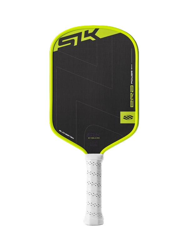 Pickleball paddle with black and yellow design on a white background