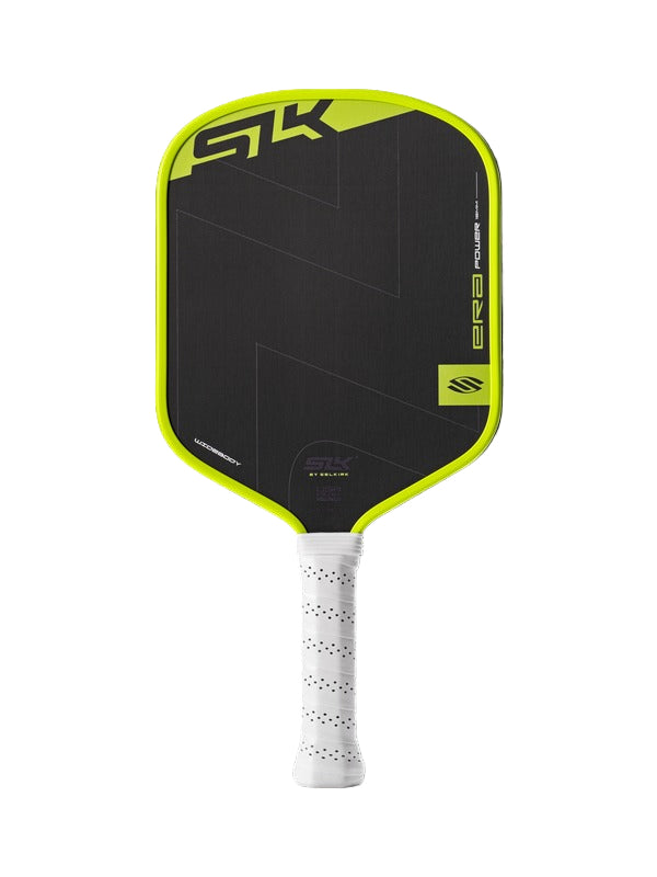 Pickleball paddle with black surface and yellow edges on a white background