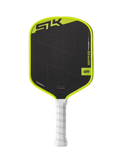 Pickleball paddle with black surface and yellow edges on a white background