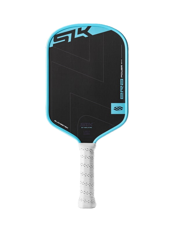 Pickleball paddle with black face and blue rim on a white background