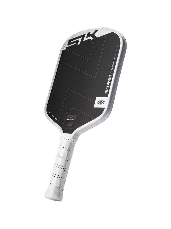 Pickleball paddle with black and white design on a white background