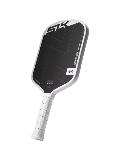 Pickleball paddle with black and white design on a white background