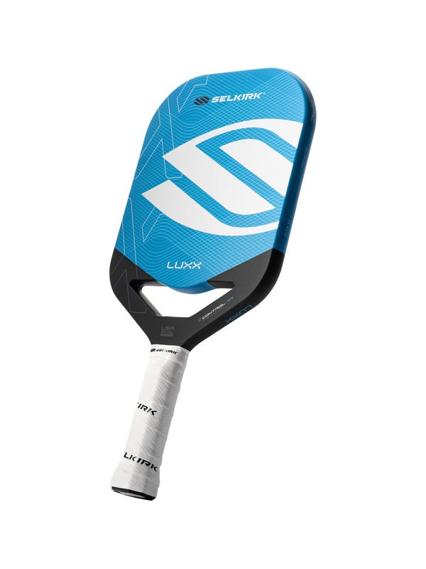 Blue and black pickleball paddle with white accents on a white background