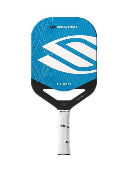 Blue and black Selkirk Luxx pickleball paddle on a white background