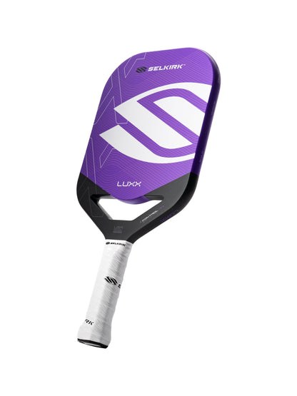 Purple and black pickleball paddle with white handle on a white background