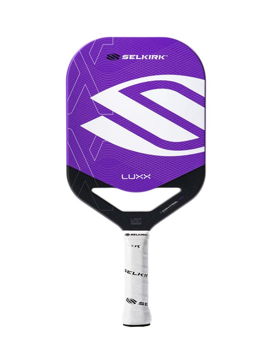 Purple Selkirk Luxx pickleball paddle on a white background