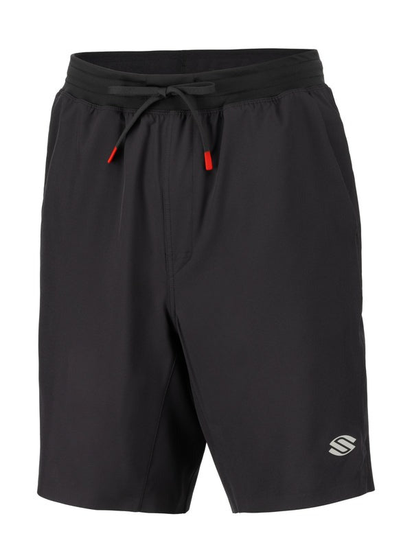 Black shorts with a logo on a white background