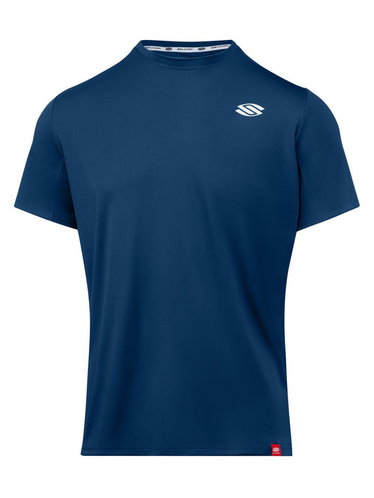 Navy blue t-shirt with a logo on a white background