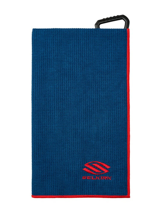 Blue towel with red border and Selkirk logo on a white background