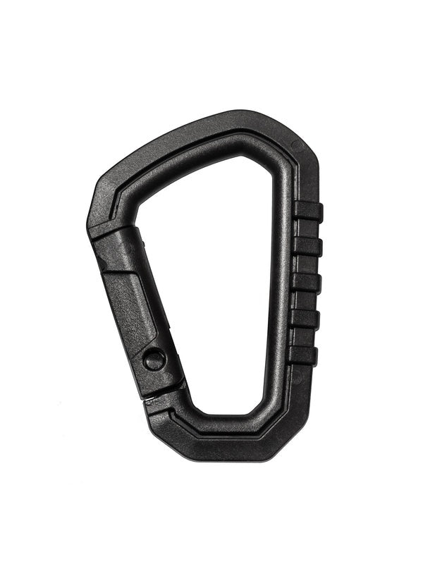 Black carabiner on a white background