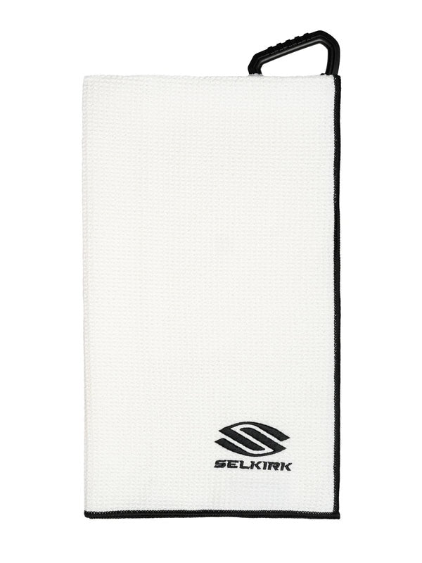 White towel with blackSelkirk logo on a white background