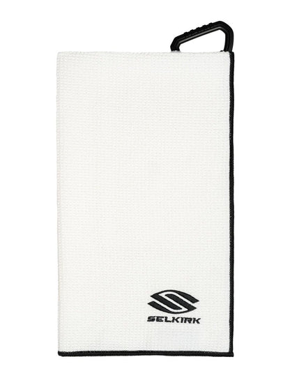 White towel with blackSelkirk logo on a white background