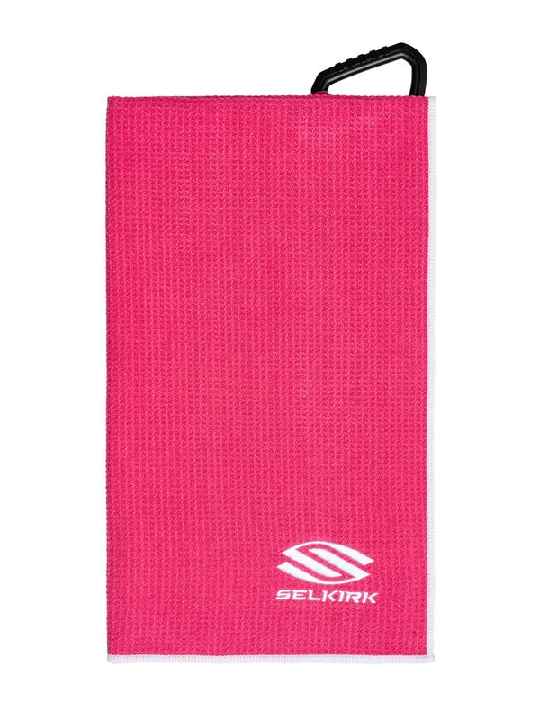 Pink towel with a handle and Selkirk logo on a white background