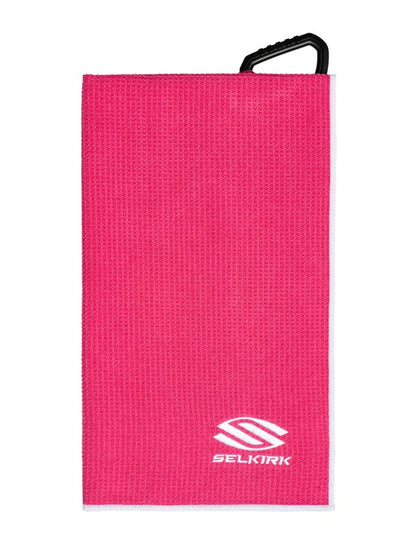 Pink towel with a handle and Selkirk logo on a white background