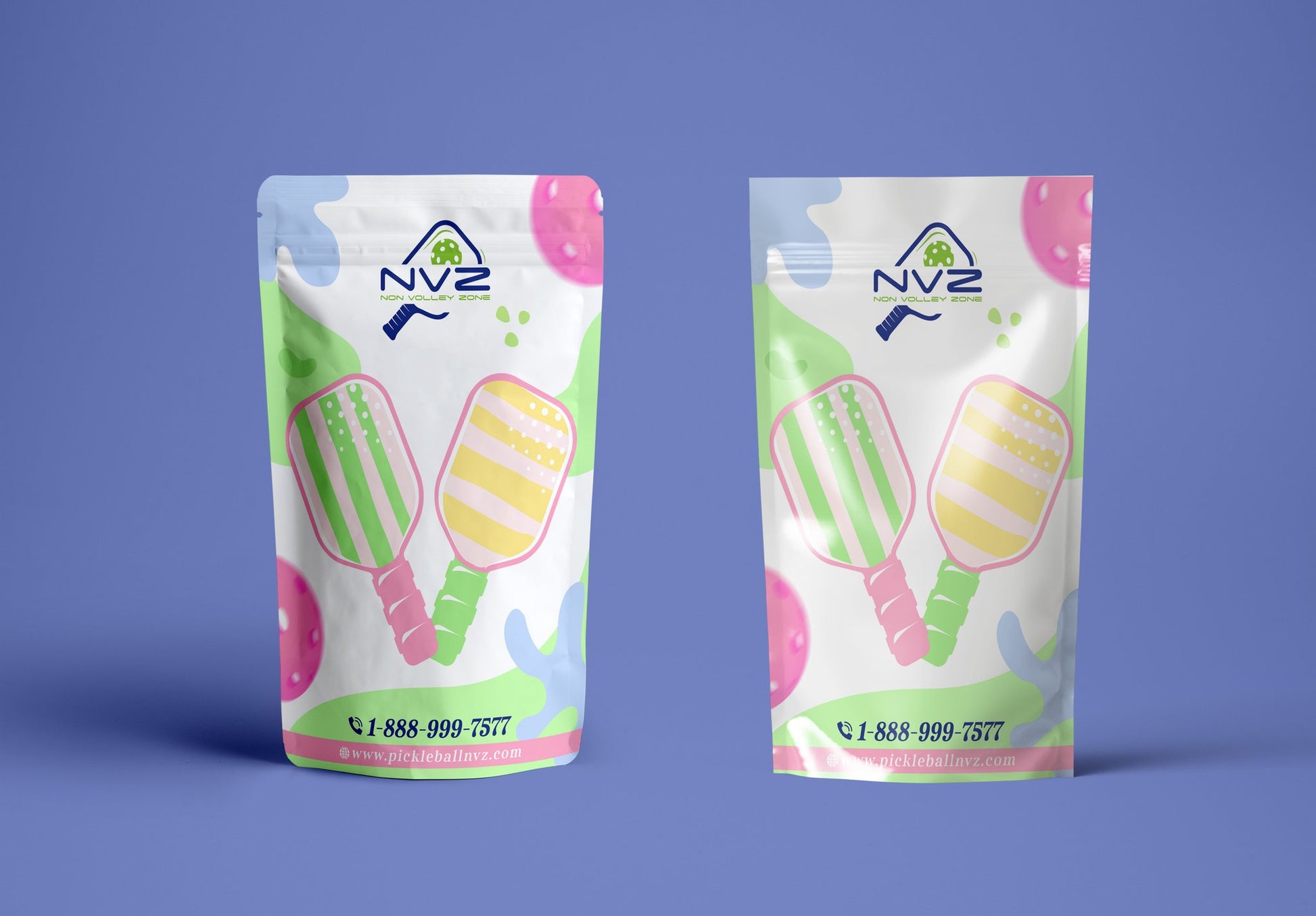 Two reusable zip lock bags with a pickleball theme, featuring colorful illustrations of pickleball paddles and balls on a blue background.