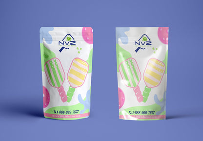 Two reusable zip lock bags with a pickleball theme, featuring colorful illustrations of pickleball paddles and balls on a blue background.